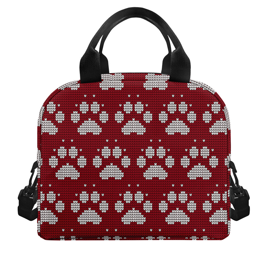 Red And White Paw Knitted Pattern Print Insulated Lunch Bag