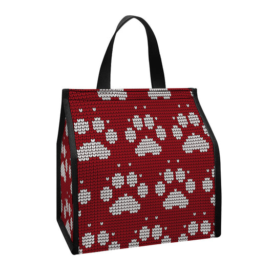 Red And White Paw Knitted Pattern Print Insulated Lunch Tote