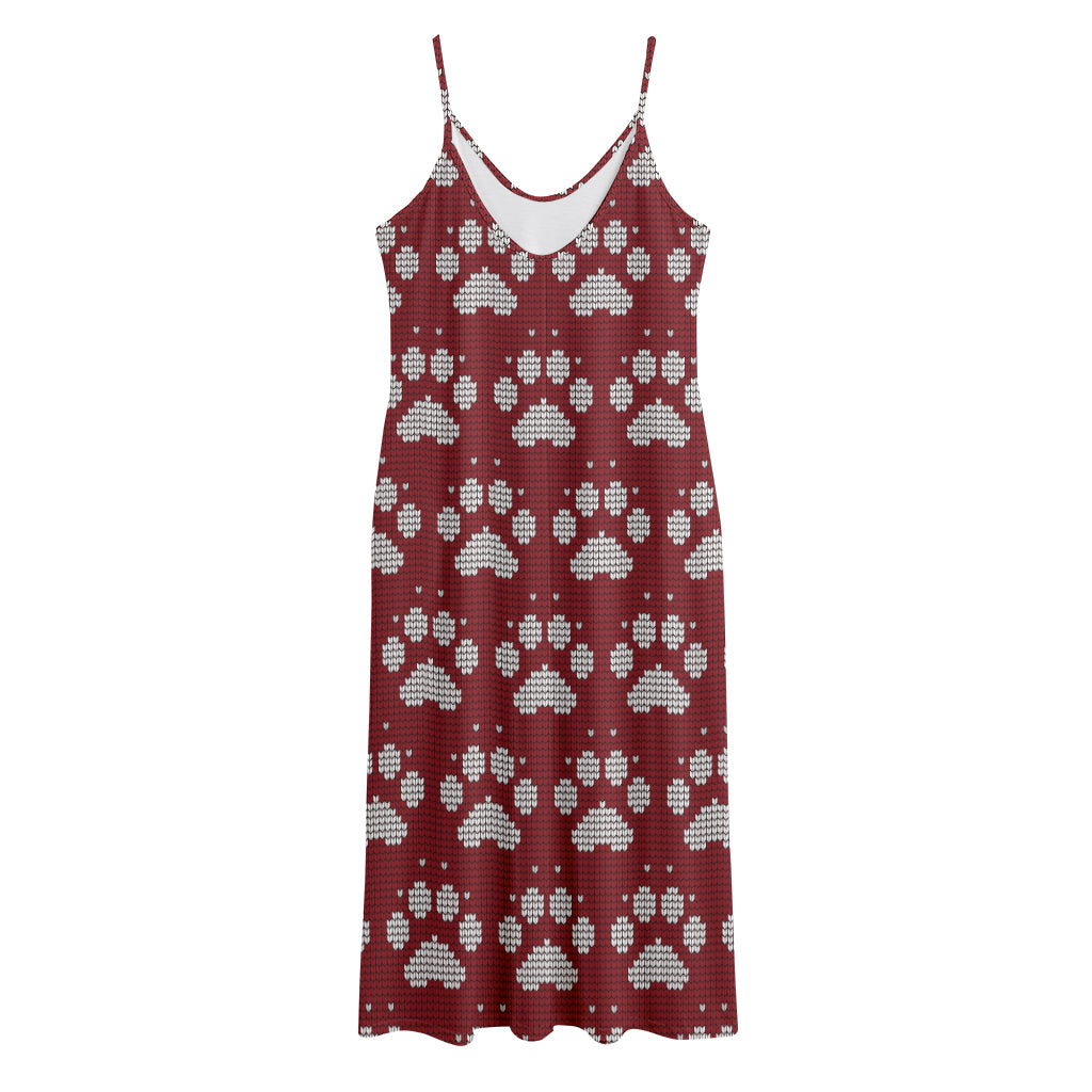 Red And White Paw Knitted Pattern Print Jersey Midi Cami Dress