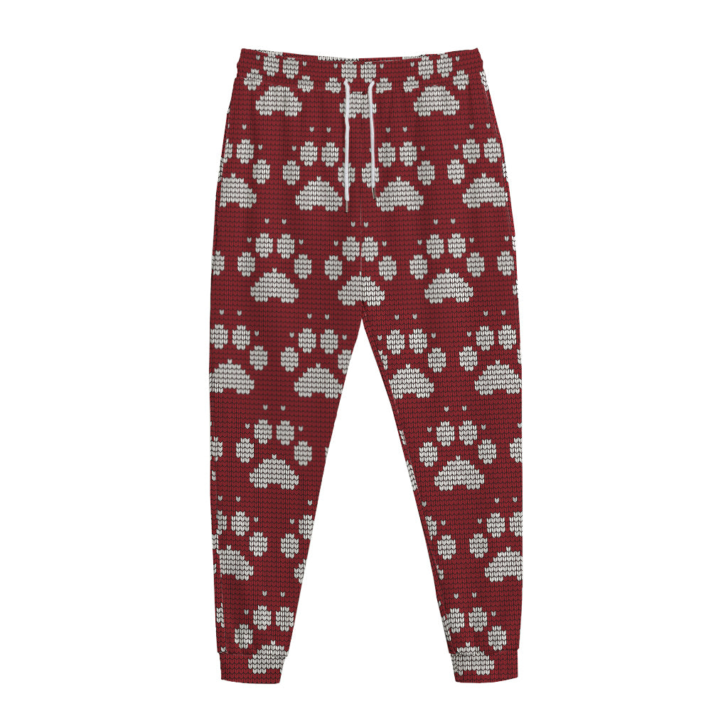 Red And White Paw Knitted Pattern Print Jogger Pants
