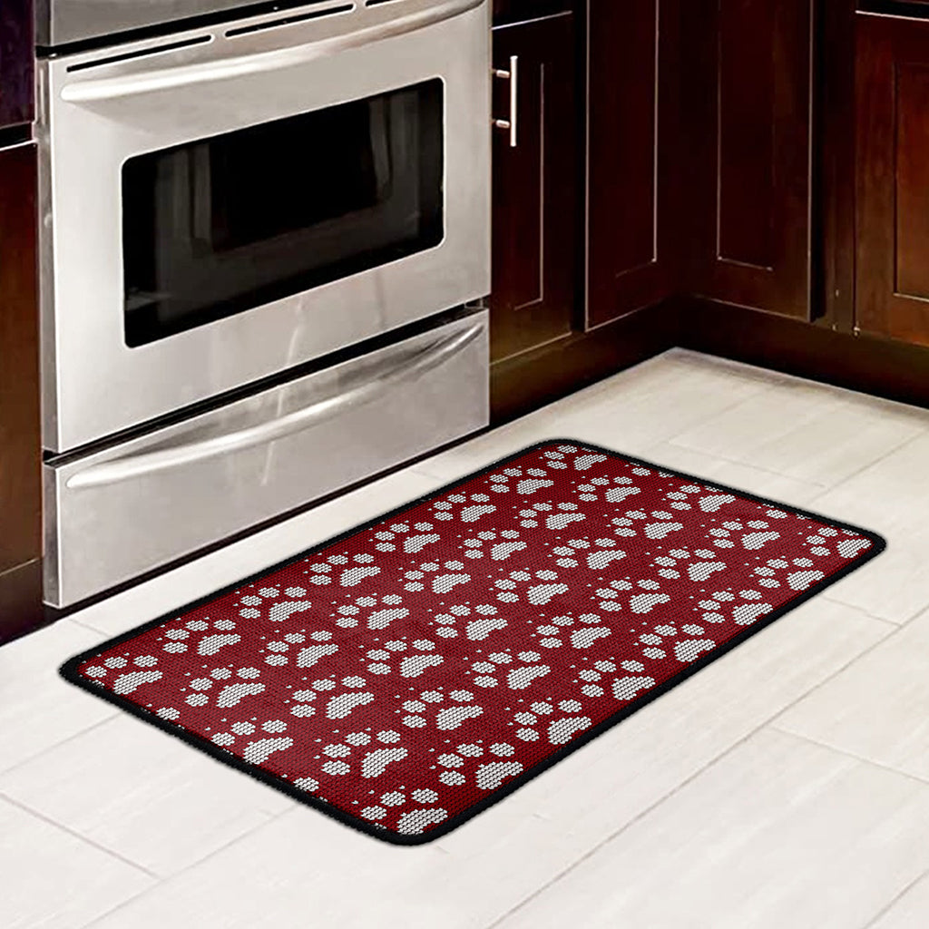 Red And White Paw Knitted Pattern Print Kitchen Mat