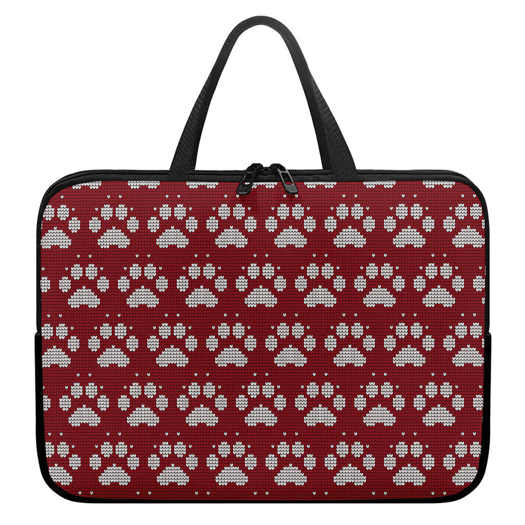 Red And White Paw Knitted Pattern Print Laptop Sleeve With Handle