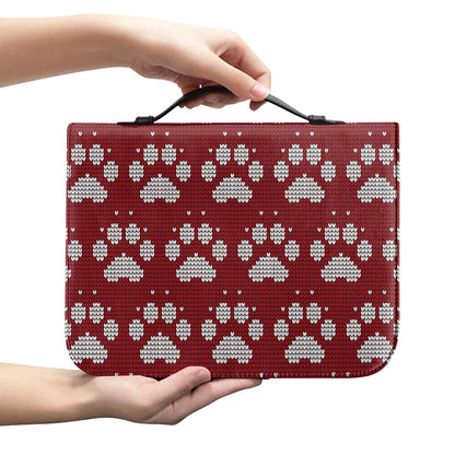 Red And White Paw Knitted Pattern Print Leather Bible Cover