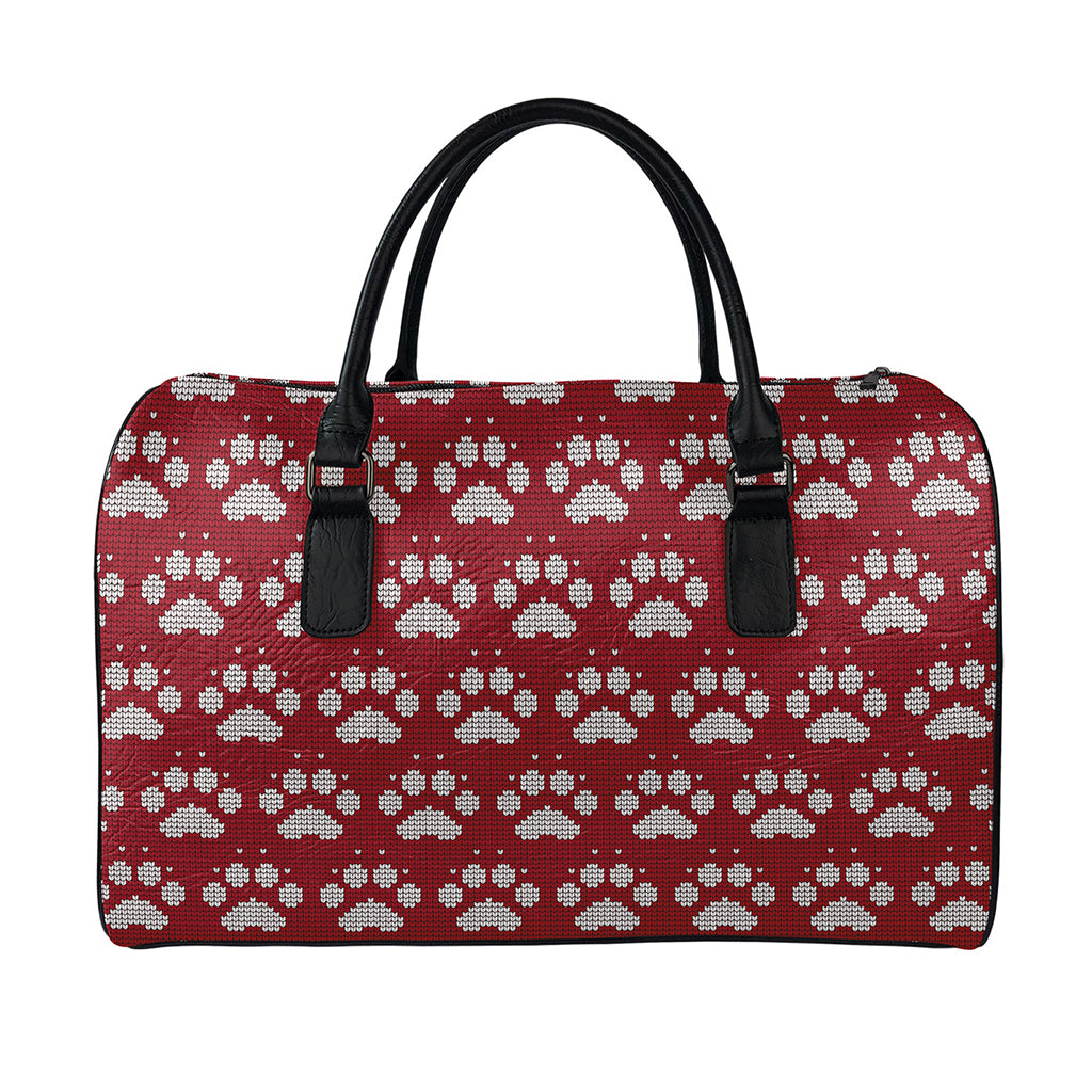 Red And White Paw Knitted Pattern Print Leather Duffle Bag