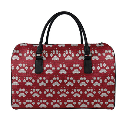 Red And White Paw Knitted Pattern Print Leather Duffle Bag