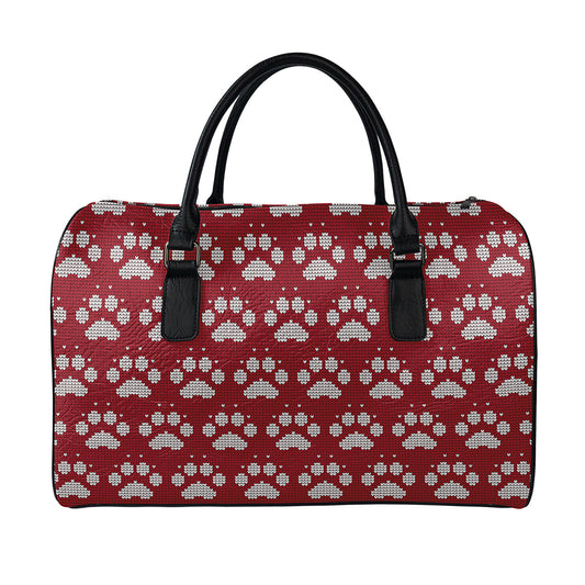 Red And White Paw Knitted Pattern Print Leather Duffle Bag