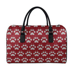 Red And White Paw Knitted Pattern Print Leather Duffle Bag