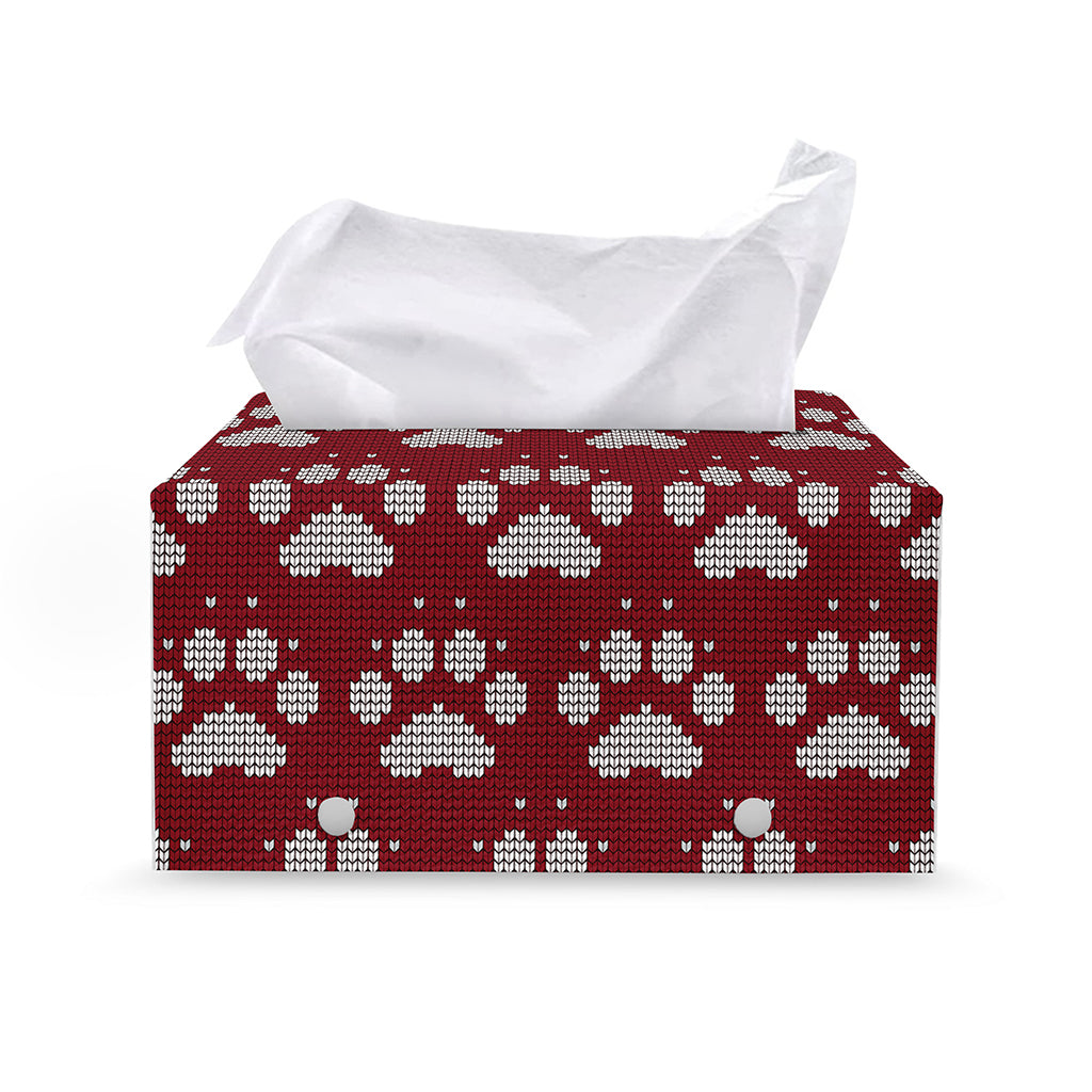 Red And White Paw Knitted Pattern Print Leather Tissue Box Cover