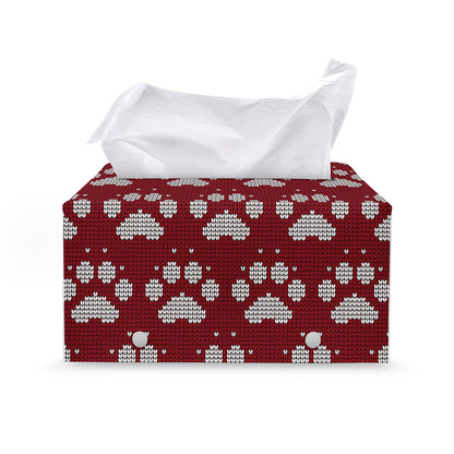 Red And White Paw Knitted Pattern Print Leather Tissue Box Cover