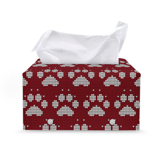 Red And White Paw Knitted Pattern Print Leather Tissue Box Cover