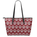 Red And White Paw Knitted Pattern Print Leather Tote Bag With Zipper