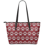 Red And White Paw Knitted Pattern Print Leather Tote Bag