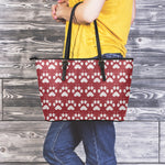 Red And White Paw Knitted Pattern Print Leather Tote Bag