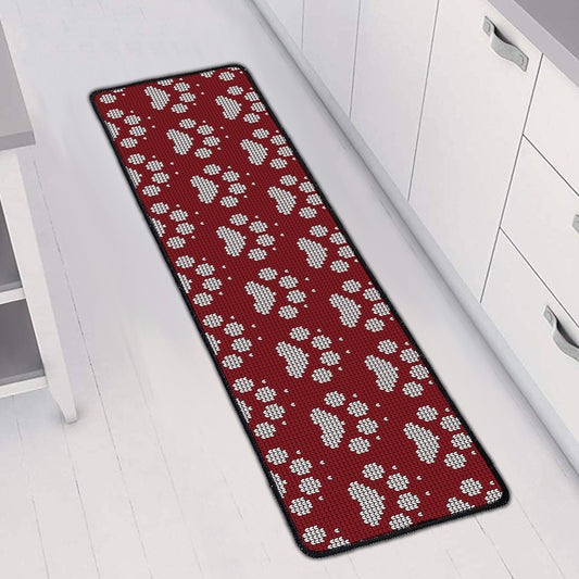 Red And White Paw Knitted Pattern Print Long Kitchen Mat