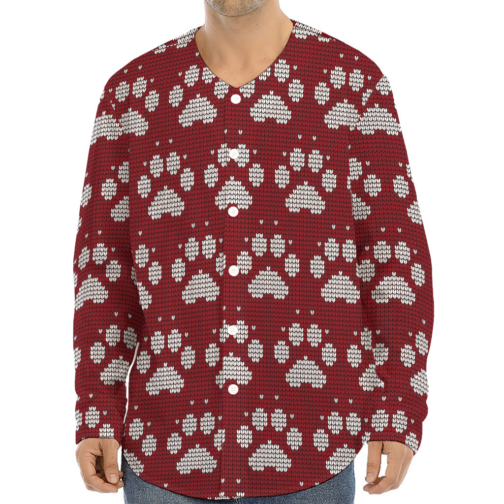 Red And White Paw Knitted Pattern Print Long Sleeve Baseball Jersey