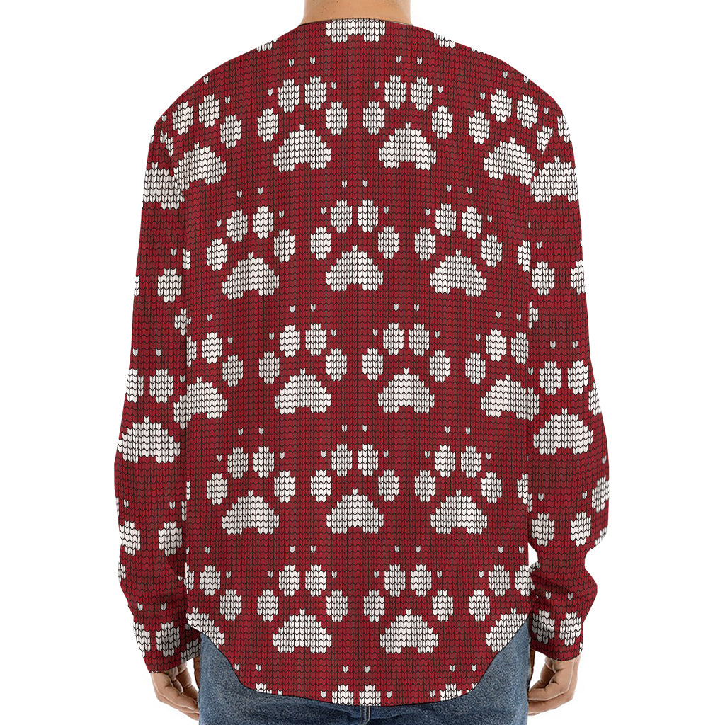 Red And White Paw Knitted Pattern Print Long Sleeve Baseball Jersey