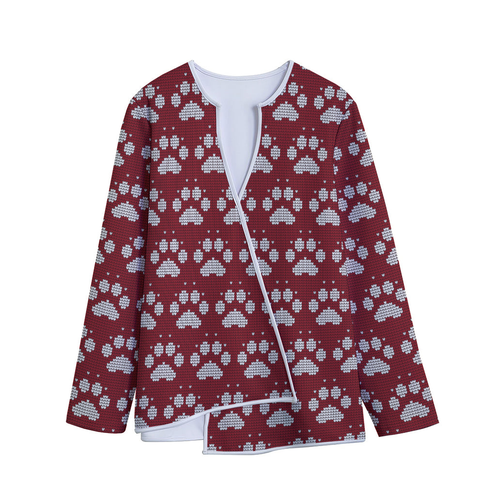 Red And White Paw Knitted Pattern Print Long Sleeve Short Coat