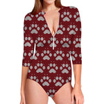 Red And White Paw Knitted Pattern Print Long Sleeve Swimsuit