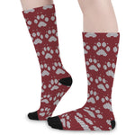 Red And White Paw Knitted Pattern Print Long Socks