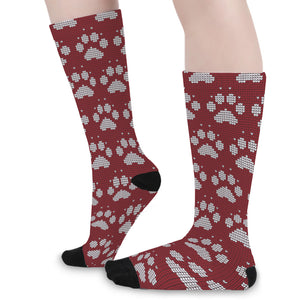 Red And White Paw Knitted Pattern Print Long Socks