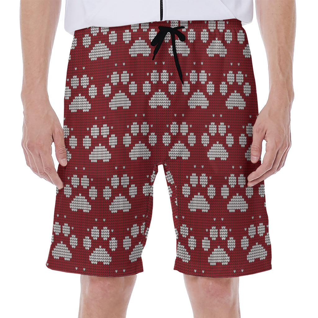 Red And White Paw Knitted Pattern Print Men's Beach Shorts