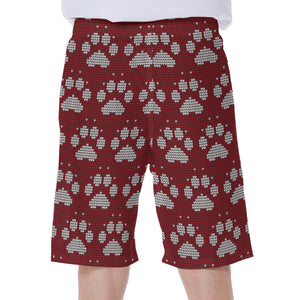 Red And White Paw Knitted Pattern Print Men's Beach Shorts