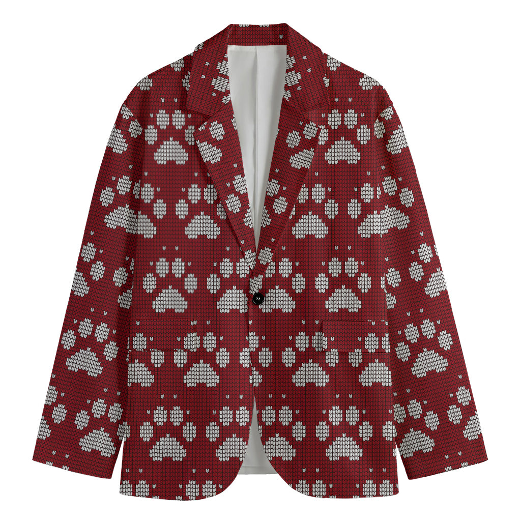 Red And White Paw Knitted Pattern Print Men's Blazer