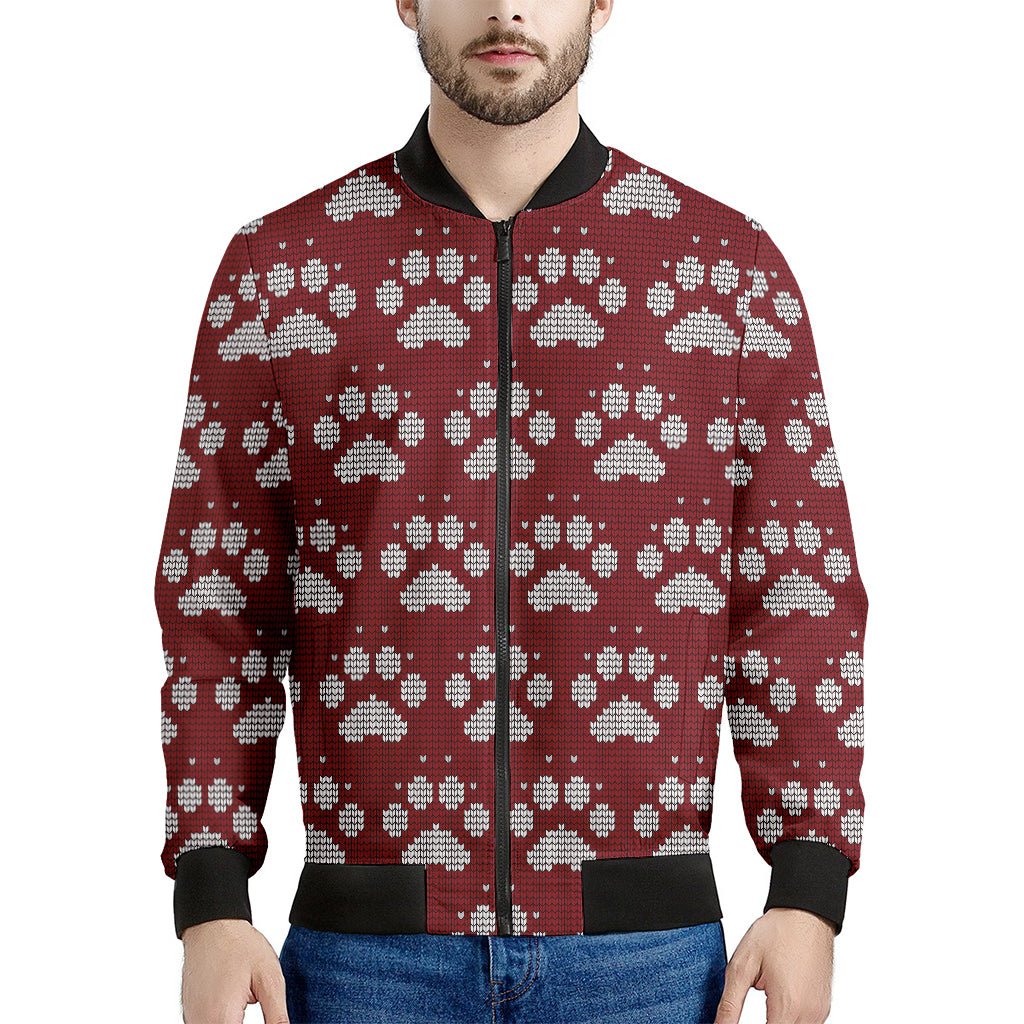 Red And White Paw Knitted Pattern Print Men's Bomber Jacket