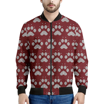 Red And White Paw Knitted Pattern Print Men's Bomber Jacket