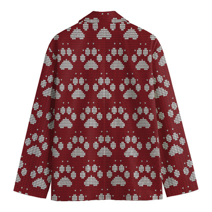 Red And White Paw Knitted Pattern Print Men's Cotton Blazer