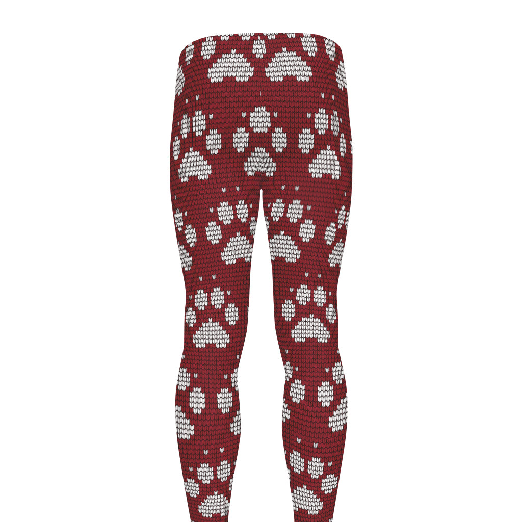 Red And White Paw Knitted Pattern Print Men's leggings