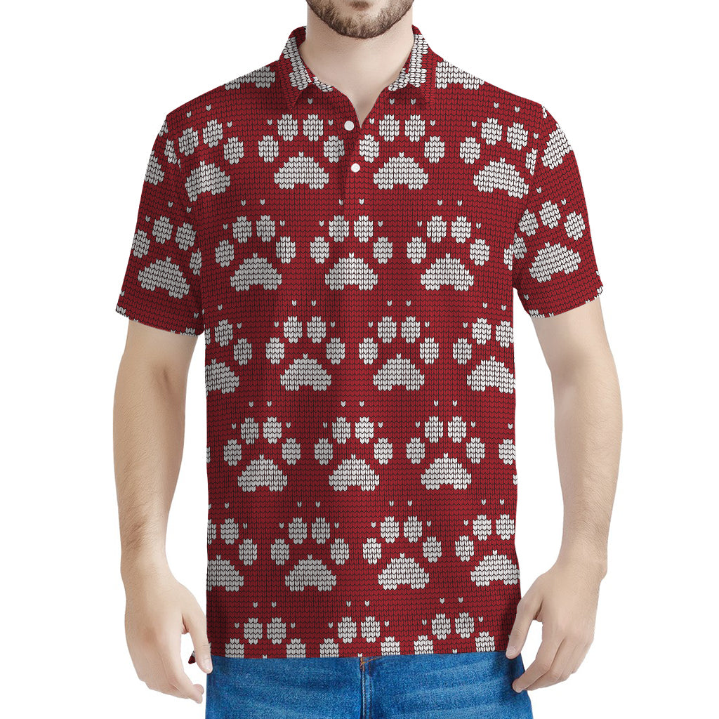 Red And White Paw Knitted Pattern Print Men's Polo Shirt