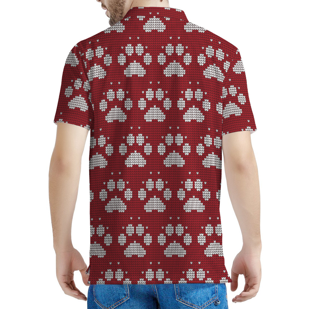 Red And White Paw Knitted Pattern Print Men's Polo Shirt