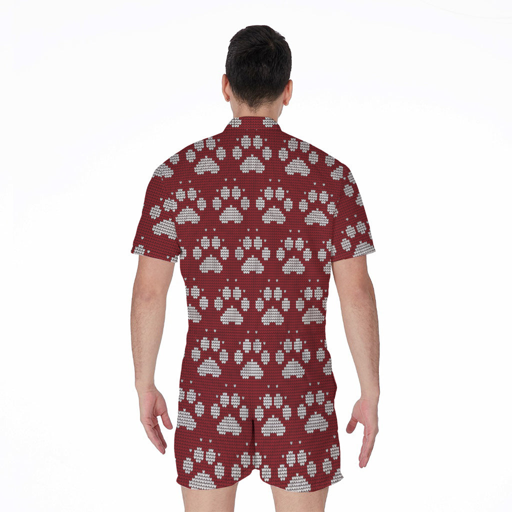 Red And White Paw Knitted Pattern Print Men's Rompers