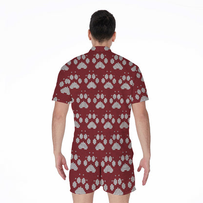 Red And White Paw Knitted Pattern Print Men's Rompers