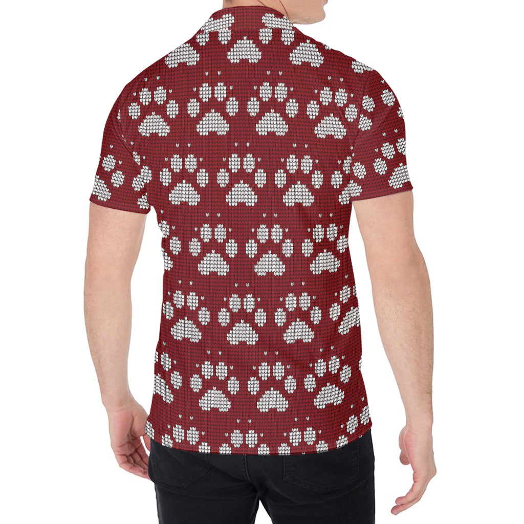 Red And White Paw Knitted Pattern Print Men's Shirt