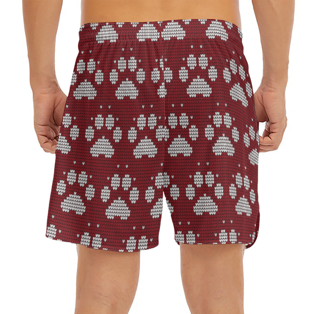 Red And White Paw Knitted Pattern Print Men's Split Running Shorts