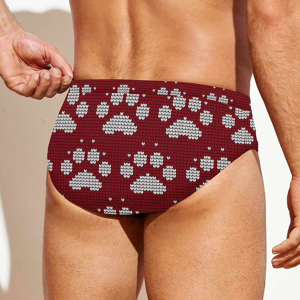 Red And White Paw Knitted Pattern Print Men's Swim Briefs