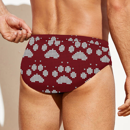 Red And White Paw Knitted Pattern Print Men's Swim Briefs