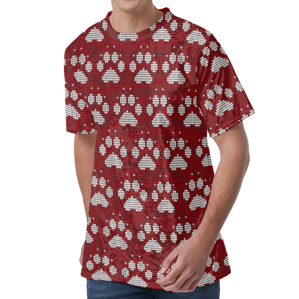 Red And White Paw Knitted Pattern Print Men's Velvet T-Shirt