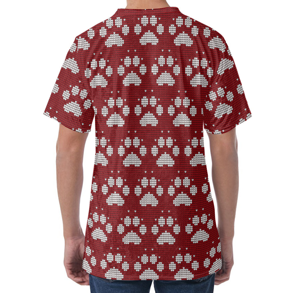 Red And White Paw Knitted Pattern Print Men's Velvet T-Shirt