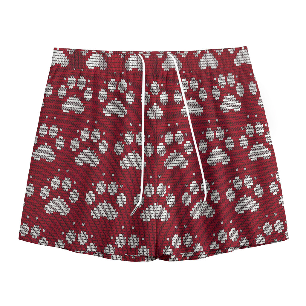 Red And White Paw Knitted Pattern Print Mesh Shorts