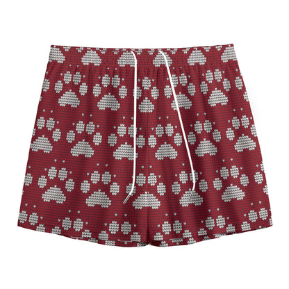 Red And White Paw Knitted Pattern Print Mesh Shorts