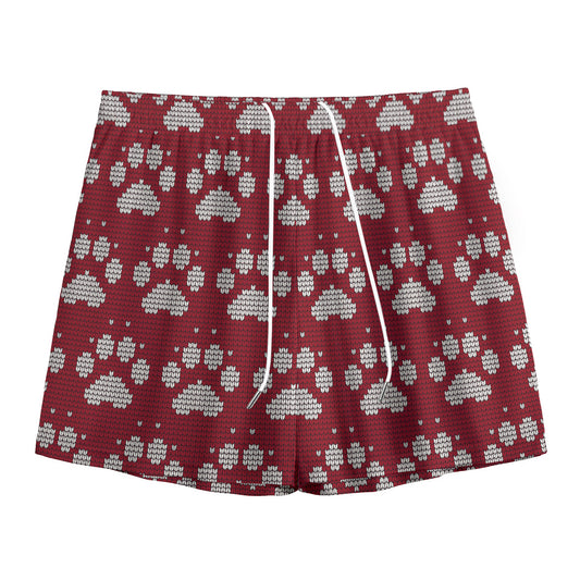 Red And White Paw Knitted Pattern Print Mesh Shorts