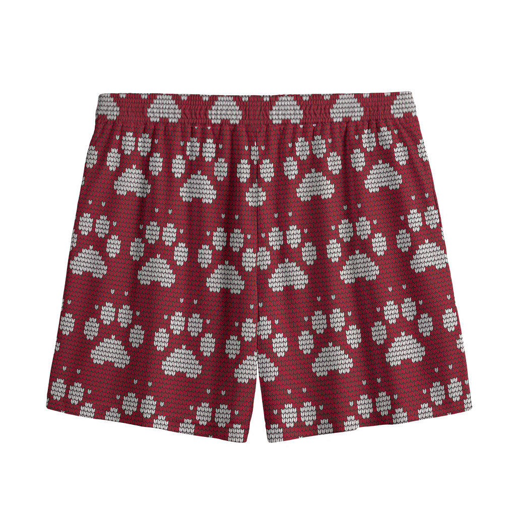 Red And White Paw Knitted Pattern Print Mesh Shorts