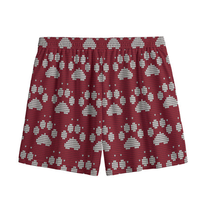 Red And White Paw Knitted Pattern Print Mesh Shorts