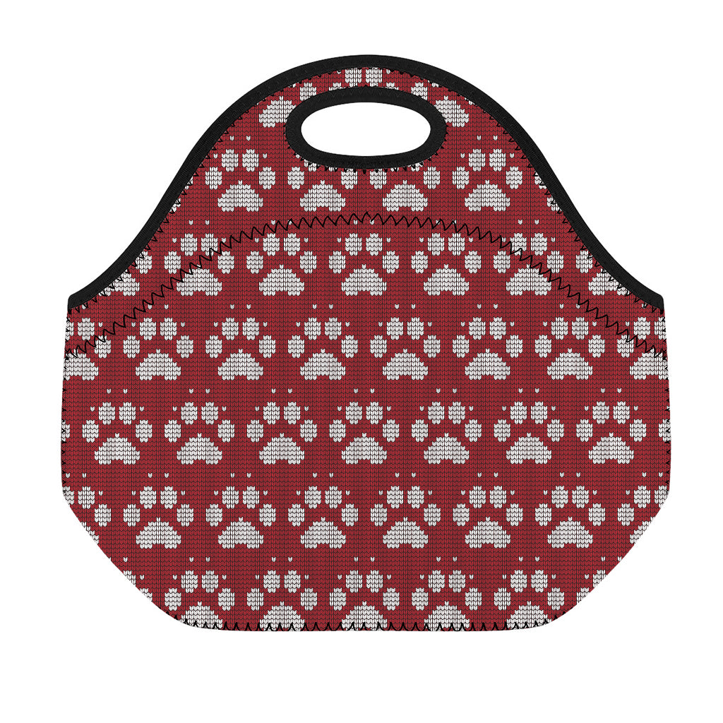 Red And White Paw Knitted Pattern Print Neoprene Lunch Bag