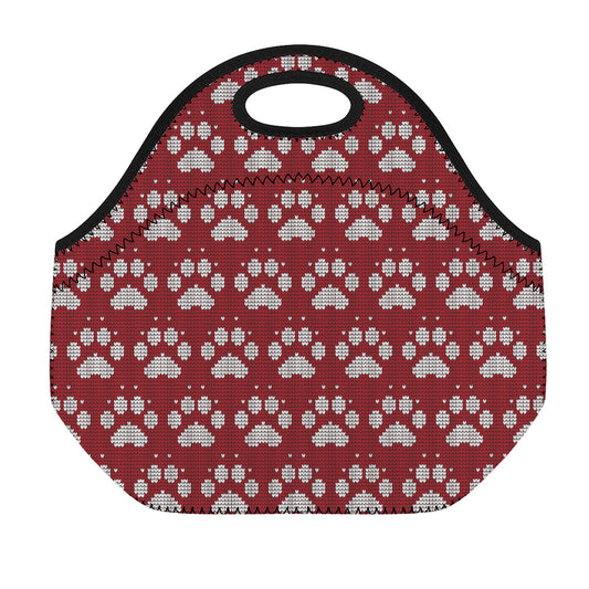 Red And White Paw Knitted Pattern Print Neoprene Lunch Bag