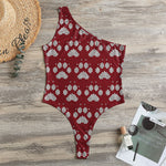 Red And White Paw Knitted Pattern Print One Shoulder Bodysuit