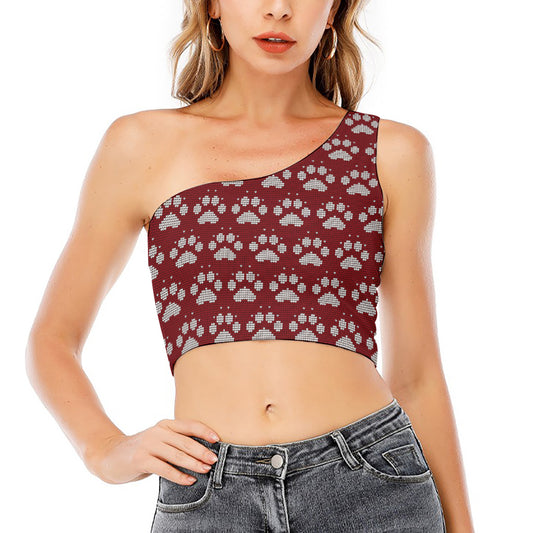 Red And White Paw Knitted Pattern Print One Shoulder Crop Top